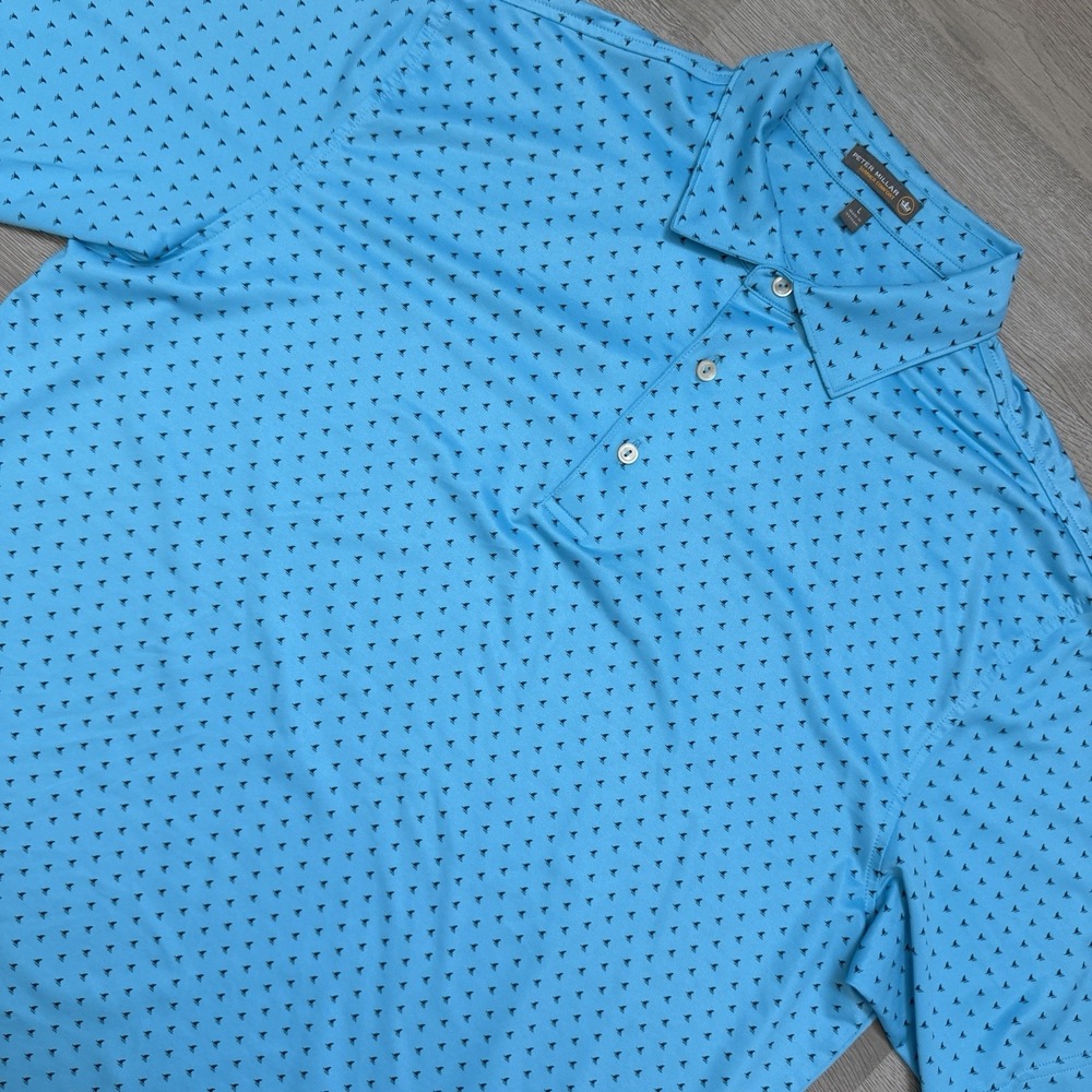 Peter Millar Polo Mens L Blue Shark Fin Print Summer Comfort Performance